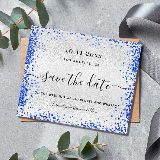 シルバー ロイヤルブルー 結婚式 予算を抑えた Save the Date チラシ