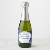 シルバー ロイヤルブルー 花柄 キンセアニエラ 誕生日 スパークリングワインラベル (正面)