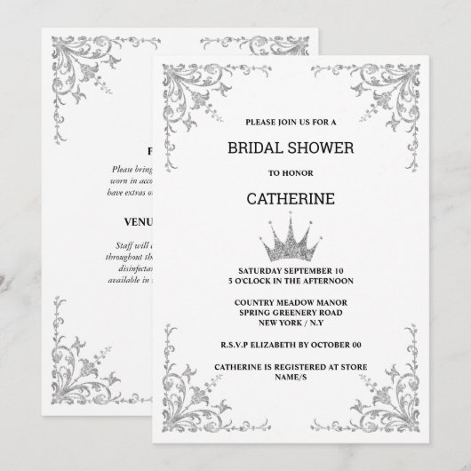 シルバー ヴィンテージ フラワー コーナー ティアラ ミニマリスト 招待状 (正面/裏面)