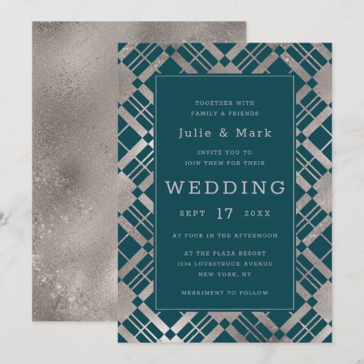 シルバー&任意の色の背景のルーズスタイルのチェック柄ウェディング 招待状 (正面/裏面)