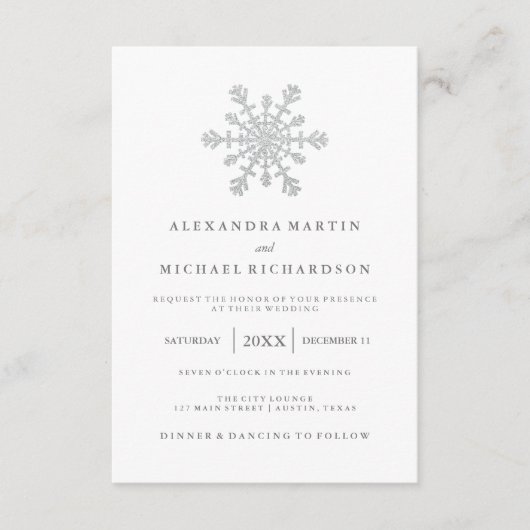 シルバー 偽 グリッター スノーフレーク ウェディング 出欠カード (正面)