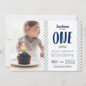 シルバー、口ひげ |男の子の誕生日の写真 招待状 (正面)