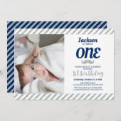 シルバー、口ひげ |男の子の誕生日の写真 招待状 (正面/裏面)