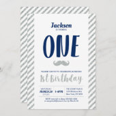 シルバー、口ひげ |男の子1歳の誕生日招待状 招待状 (正面/裏面)