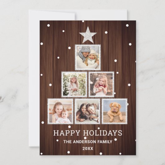 シルバー |国素朴の木材クリスマスフォトツリー シーズンカード (正面)