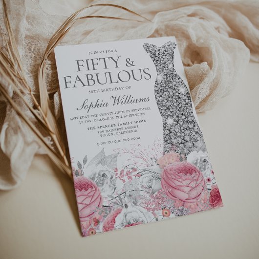 シルバー&赤面ピンク50thバースデーパーティー 招待状