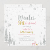 シルバー&金ゴールドウィンターオネダーランド1st第1誕生日 招待状 (正面/裏面)