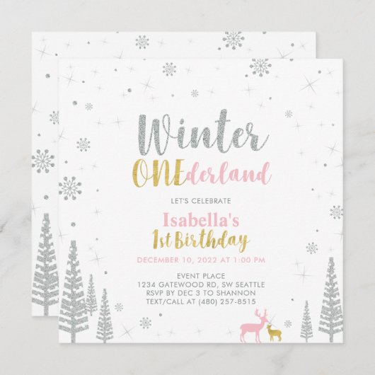 シルバー&金ゴールドウィンターオネダーランド1st第1誕生日 招待状 (正面/裏面)