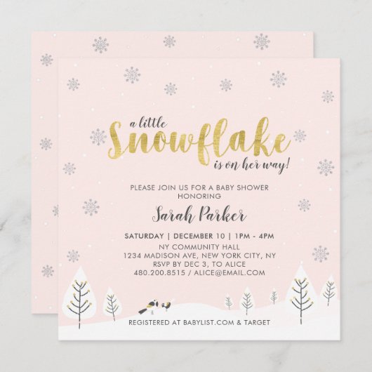 シルバー&金ゴールドウィンターワンダーランドガールベビーシャワー 招待状 (正面/裏面)