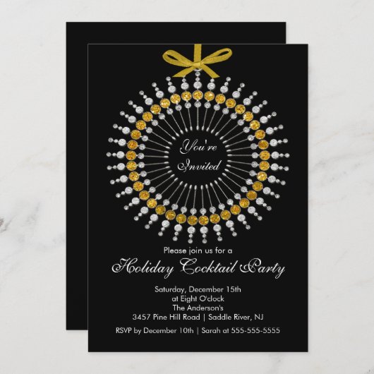 シルバー&金ゴールドオーナメントカクテルクリスマスパーティー 招待状 (正面/裏面)