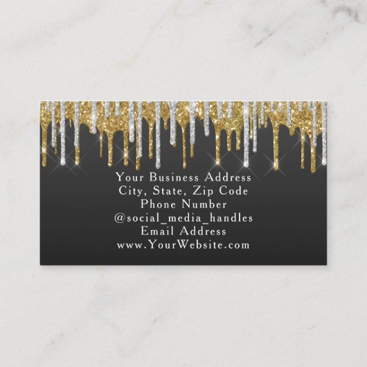 シルバー+金ゴールドグリッタードリップファッションスタイリストモダン 名刺 (裏面)