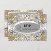 シルバー&金ゴールドダマスクパールキンセアニェラRSVP 出欠カード (正面/裏面)