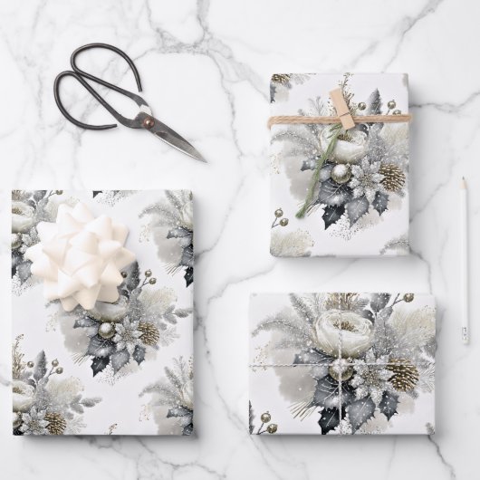 シルバー&金ゴールドトーンクリスマス花模様 ラッピングペーパーシート (正面)