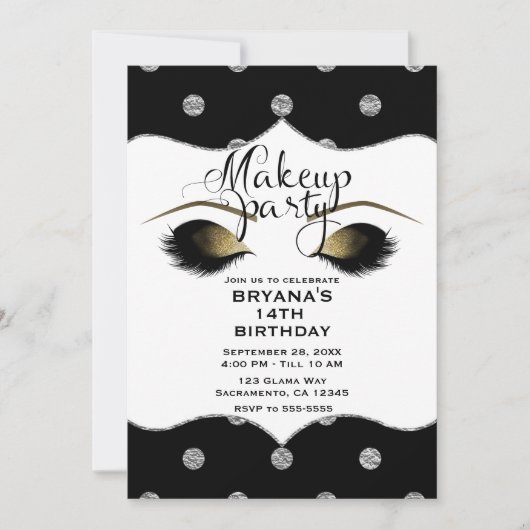 シルバー&金ゴールドドットメイクアップまつげ美しいパーティー 招待状 (正面)