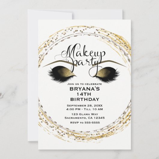 シルバー&金ゴールドメイクアップまつげグラム美しいパーティー 招待状 (正面)