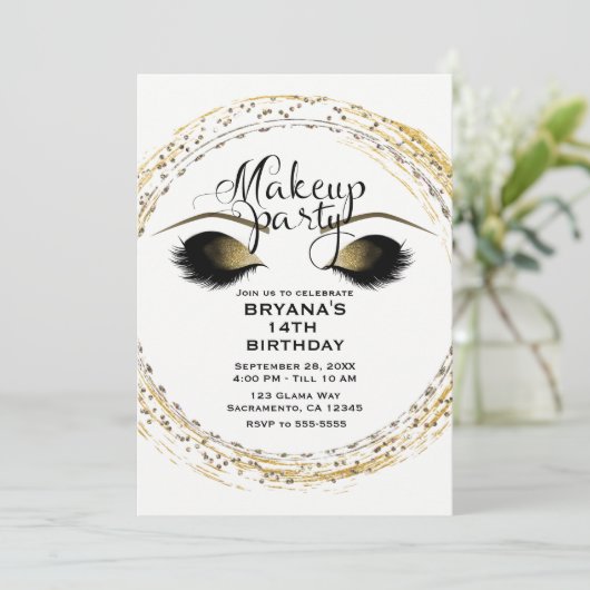 シルバー&金ゴールドメイクアップまつげグラム美しいパーティー 招待状 (スタンド正面)