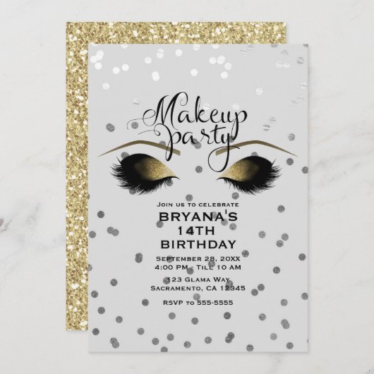 シルバー&金ゴールドメイクアップまつげ美しいドットパーティー 招待状 (正面/裏面)