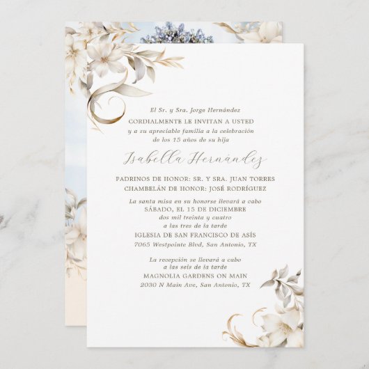 シルバー、金ゴールド&ホワイトフローラキンセスペインのーニェラ 招待状 (正面/裏面)