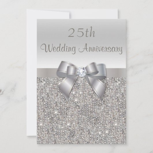 シルバー 25周年結婚記念日 シークインとリボン 招待状 (正面)