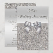 シルバー 25周年結婚記念日 シークインとリボン 招待状 (正面/裏面)