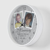 シルバー 25周年 結婚記念日 2枚の写真 壁時計 (傾斜)