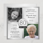 シルバー 80歳の誕生日招待状 Then & Now 写真 招待状 (正面/裏面)