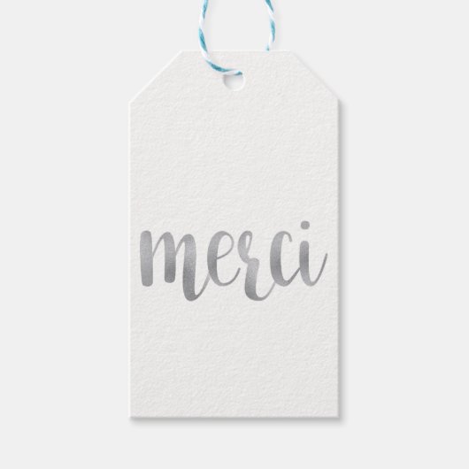 シルバー"merci"メッセージカード、フォイル、垂直 ギフトタグ (正面)