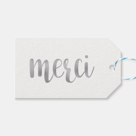 シルバー「merci」メッセージカード、ホイル、水平 ギフトタグ (正面(横))