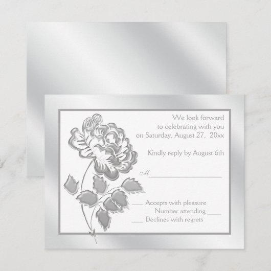 シルバーPeony on White Reply Card 招待状 (正面/裏面)
