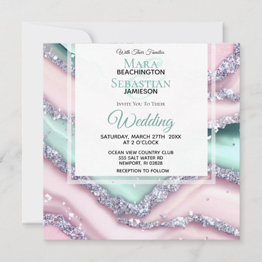 *~*シルバーQRミントピンクアゲートAR66 RSVP 結婚's 招待状 (正面)