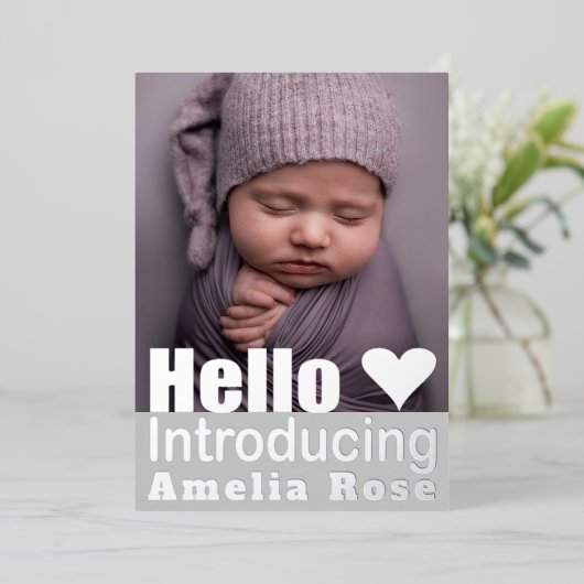 シルバ実在ー写真コラージュHelloベビー発表 箔招待状 (立ち正面)