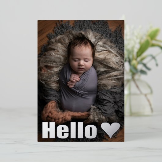 シルバ実在ー写真コラージュHelloベビー発表 箔招待状 (立ち正面)