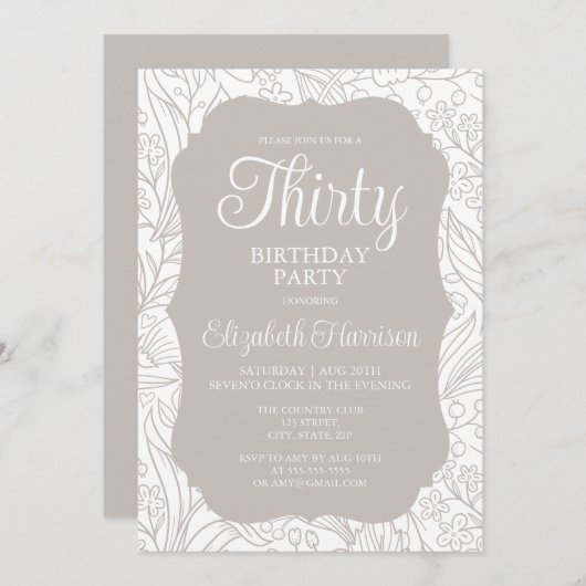 シルバ淡い色のーホワイトフローラウーマン30歳の誕生日パーティー 招待状 (正面/裏面)