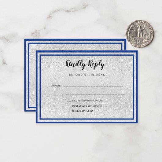 シルバ王室のーの金エレガント属の弓ウェディングRSVP ノートカード (正面/裏面インサイチュ)