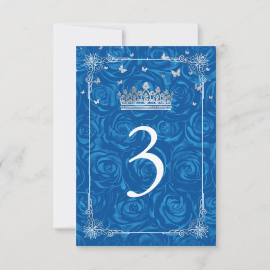 シルバ王室のー青バラエレガントテーブル番号カード 招待状 (裏面)