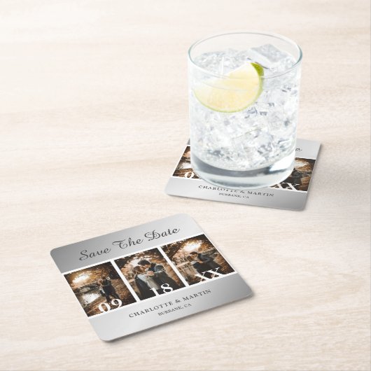 シルバ結婚ーの写真が日付を救う スクエアペーパーコースター (インサイチュ)