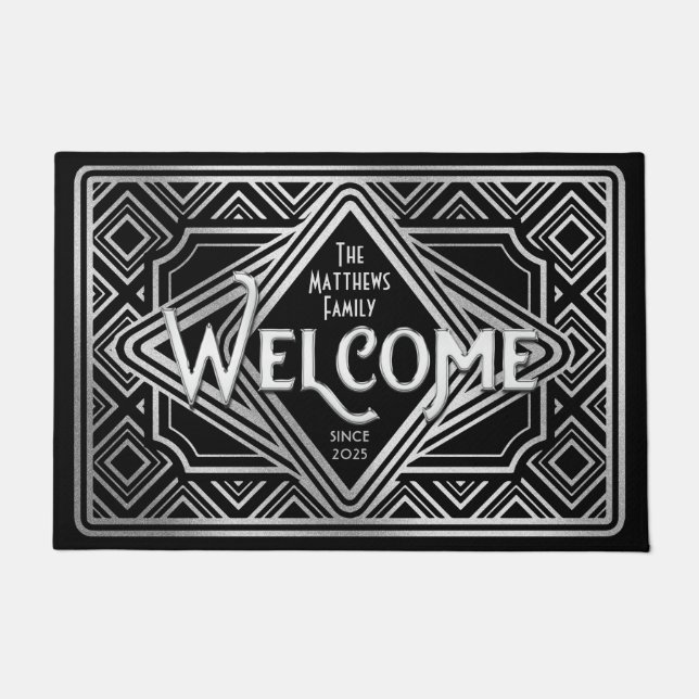 シルバ結婚ーの記念日アールデコグリッター25th ドアマット (正面)