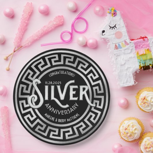 シルバ結婚ーの記念日アールデコ25グリッター ペーパープレート (パーティー)