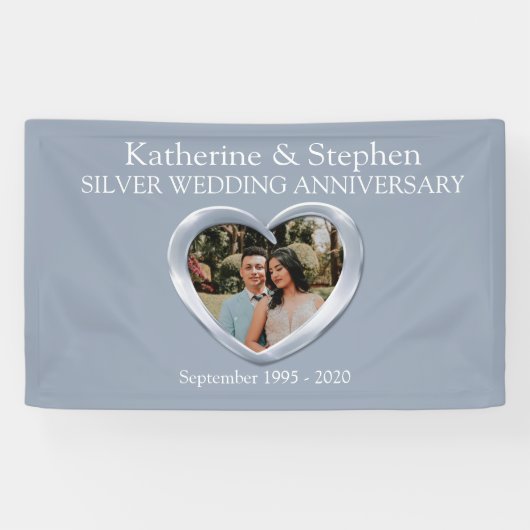 シルバ結婚ーの記念日ハートのフォトバナー 横断幕 (横)