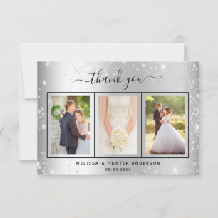 シルバ結婚ーグリッターのキラキラの写真スクリプト サンキューカード