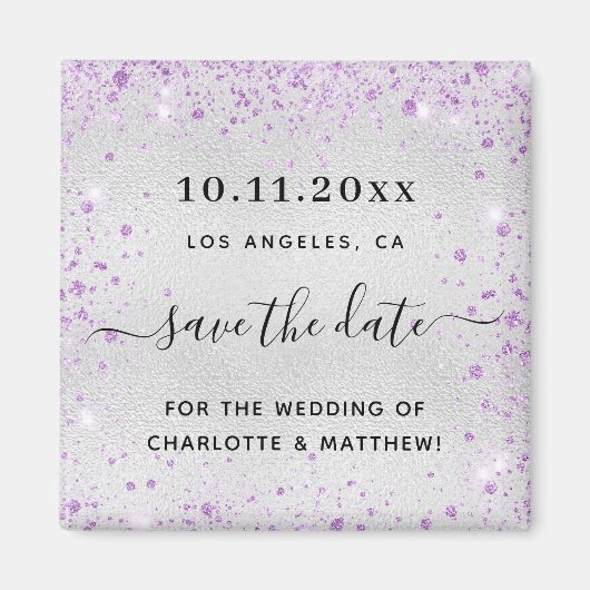 シルバ結婚ーパープルグリッターの粉塵は日付を除く マグネット (正面)
