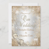 シルバ結婚ーベージュクリームパールボウスノーフレーク 招待状 (正面)