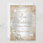 シルバ結婚ーベージュクリームパールボウスノーフレーク 招待状 (正面)