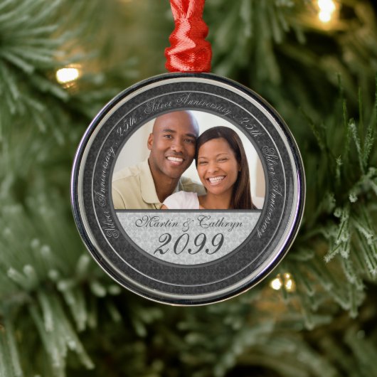 シルバ結婚ー25thダマスクのフォトメタル メタルオーナメント (ツリー)