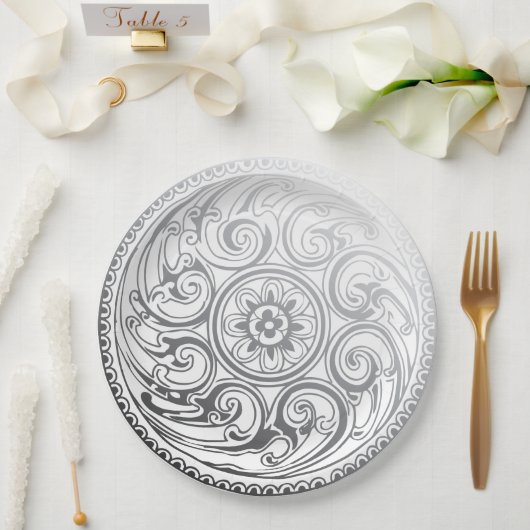 シルバ結婚ー・ホワイト・スワーズ装飾プレート ペーパープレート (ウェディング)