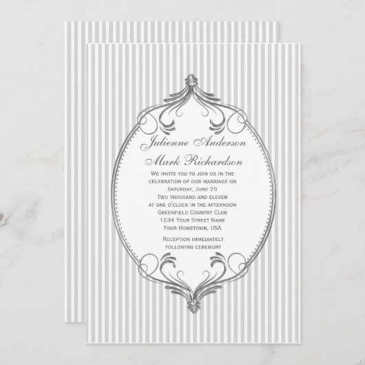 シルバ華美ーのフレーム光グレーストライプの結婚 招待状 (正面/裏面)