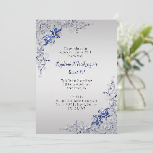 シルバ華美ー・スウィート16の青い銀の渦巻き 招待状 (スタンド正面)