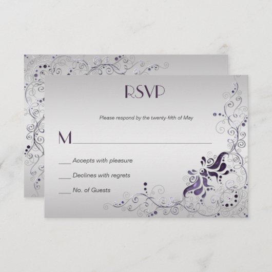 シルバ華美ーRSVP上の紫色の渦巻き 出欠カード (正面/裏面)