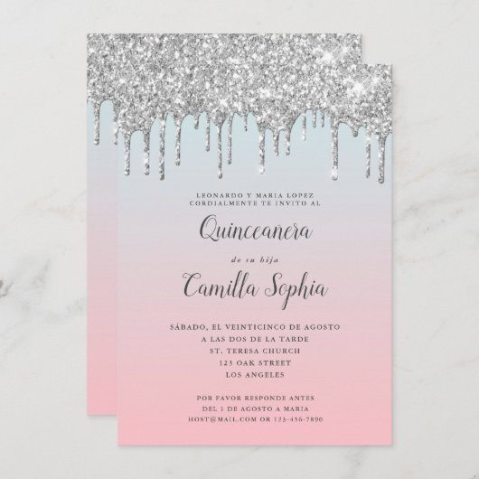 シルブかわいらしグリッターグラディエントキンセニェラ誕生日 招待状 (正面/裏面)