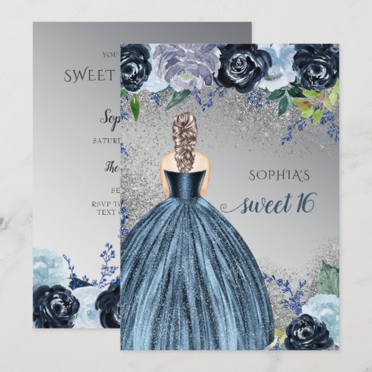 シルブルーのスパークルドレス Sweet 16 誕生日 招待状 (正面/裏面)